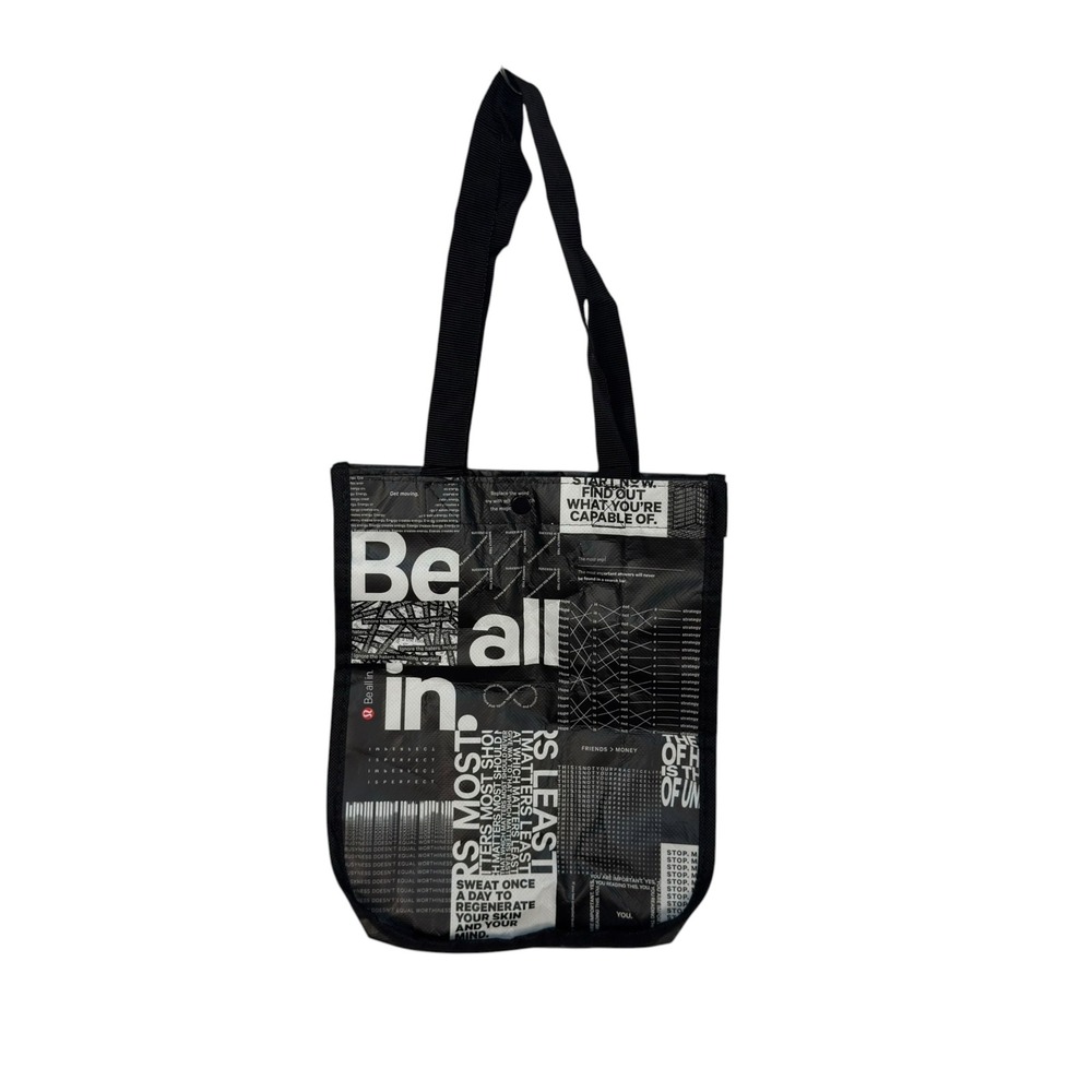 Lululemon Shopper Tote Bag Small Black White Typographic Print Athleisure Sporty